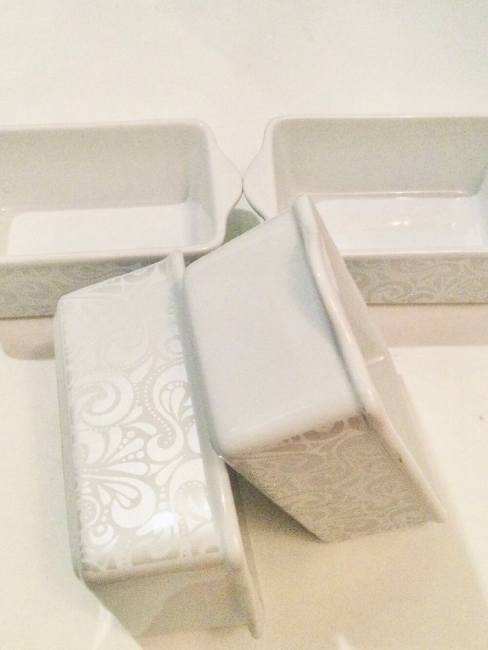 Set of 4 Ceramic Ramekin Loaf Pans - Embossed White Paisley Pattern